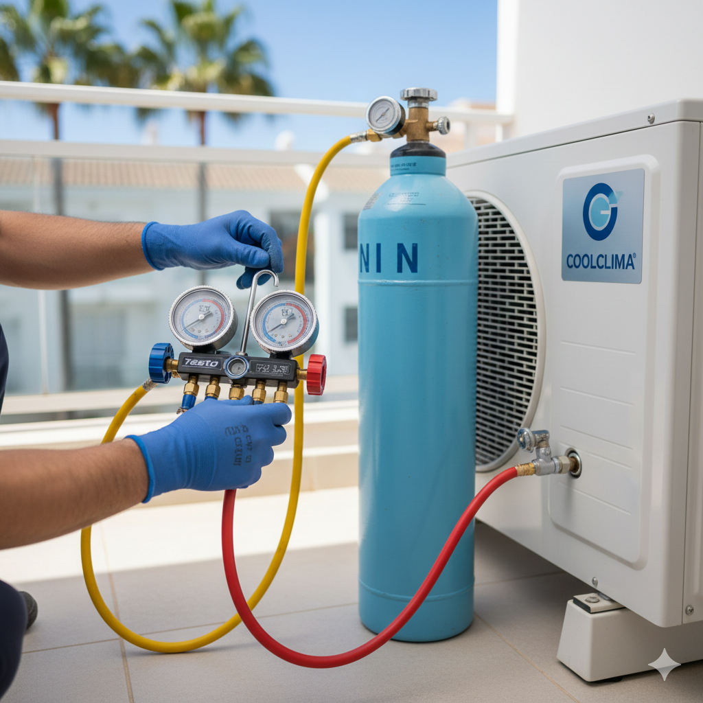 Técnico de COOLCLIMA realizando limpieza de tuberías frigoríficas con nitrógeno seco y manómetro Testo en Marbella.